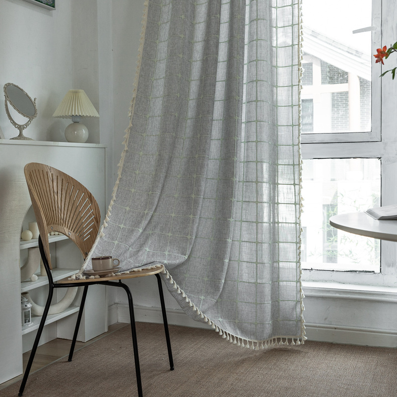 Curtain Finished Product Amazon's Popular Gray Plaid Embroidered Farmhouse Decoration Blackout Half Curtain Bohemian Curtain