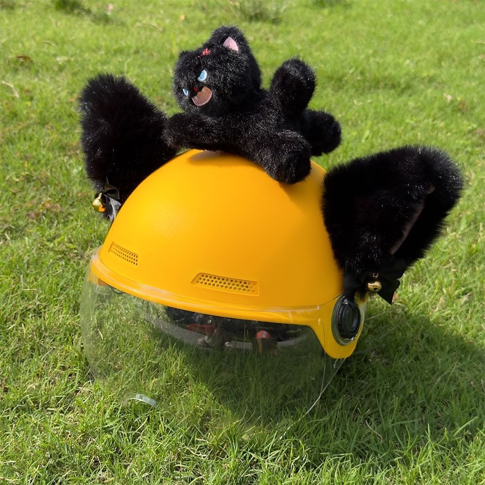 Motorcycle helmet decoration with cat ears, bow, and streamers; Meituan rider helmet accessory; fluffy little cat toy