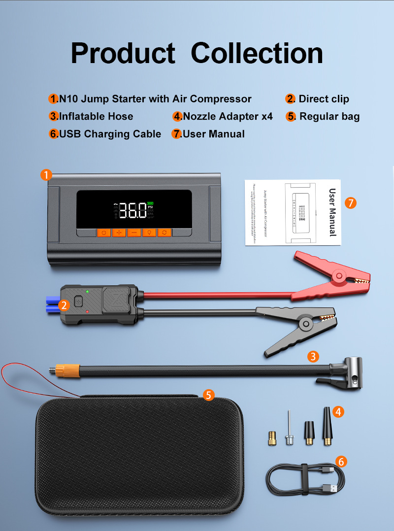 Cross-Border Car Emergency Starting Power Supply Air Pump All-In-One New Multi-Functional Portable Car Power Bank N10