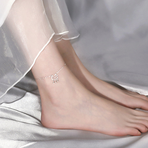 Japanese and Korean style silver longevity lock anklet, women's simple and personalized tassel bell anklet, temperament internet celebrity foot accessories wholesale