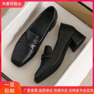 Genuine Leather Small Leather Shoes for Women, High Heels, 2025 New Velvet Thickness, British Style Loafers, Beanie Black Flats