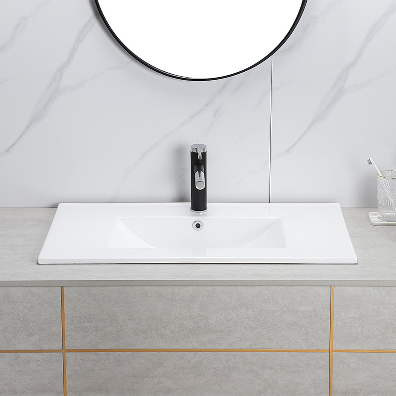 Lavabo de Cerámica con Borde Delgado, Mueble de Baño, Lavabo Integrado de Cerámica, Lavabo de Encimera Esmaltado Fácil de Limpiar, Certificado CE, Transfronterizo