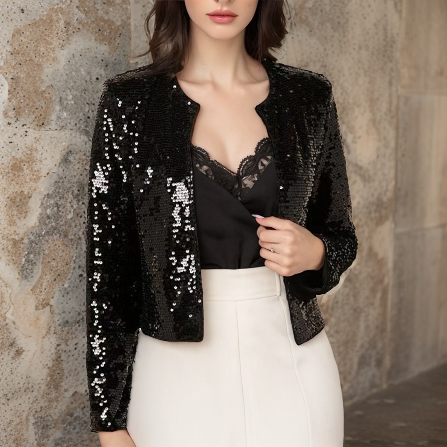 Women's clothing factory in stock spring European and American cross-border round neck long sleeve solid color cardigan casual all-match sequin coat