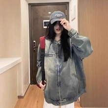 美式复古短款牛仔外套女生秋冬款痞帅高级感立领工装夹克情侣上衣