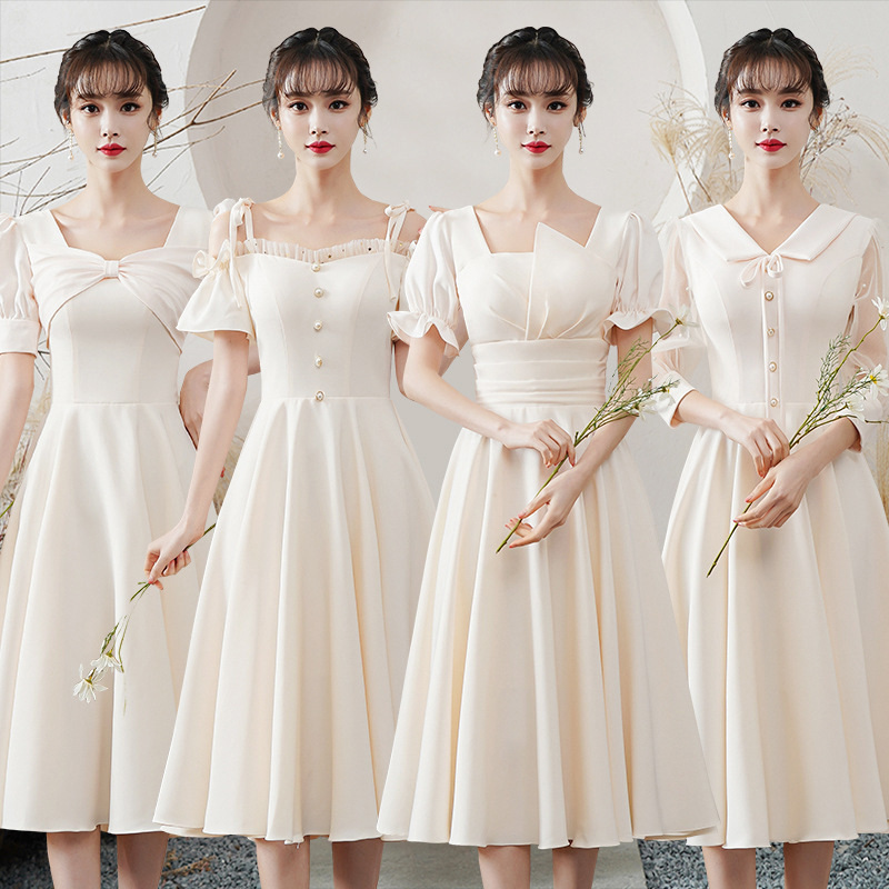 Champagne-Colored Bridesmaid Dresses for Spring, Suitable for Everyday Wear, Simple Mid-Length Dresses for Petite Women, Sister Group Wedding Evening Gowns for Women
