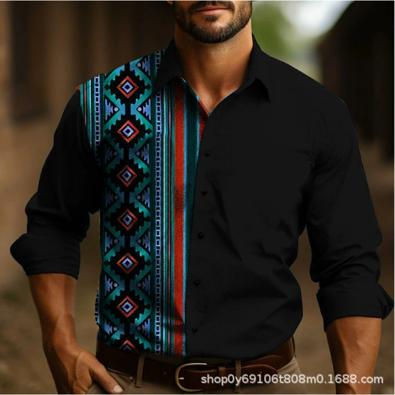 Весенне-осенняя мужская рубашка с длинными рукавами, однобортный кардиган в ковбойском стиле в западном стиле, повседневная одежда большого размера с 3D цифровой печатью