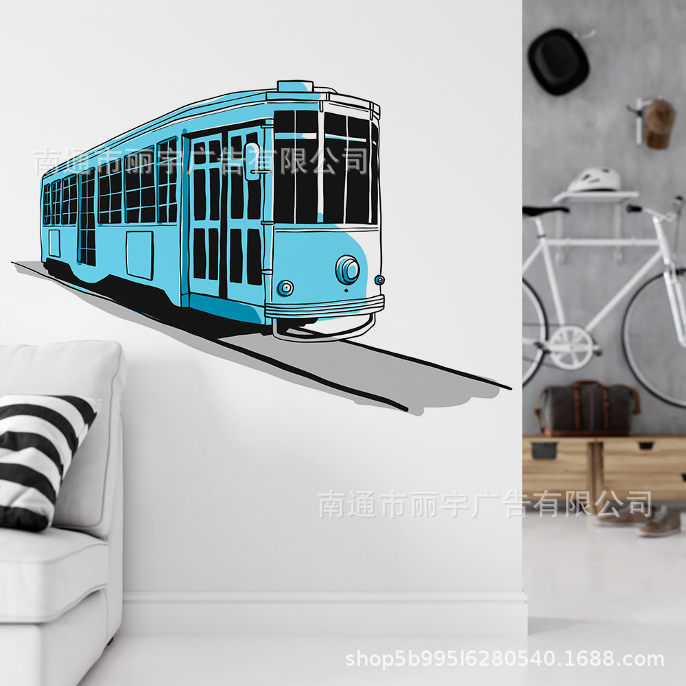蓝色卡通飞驰的火车 图案自粘可移除PVC墙贴  贴纸门贴装饰男孩房