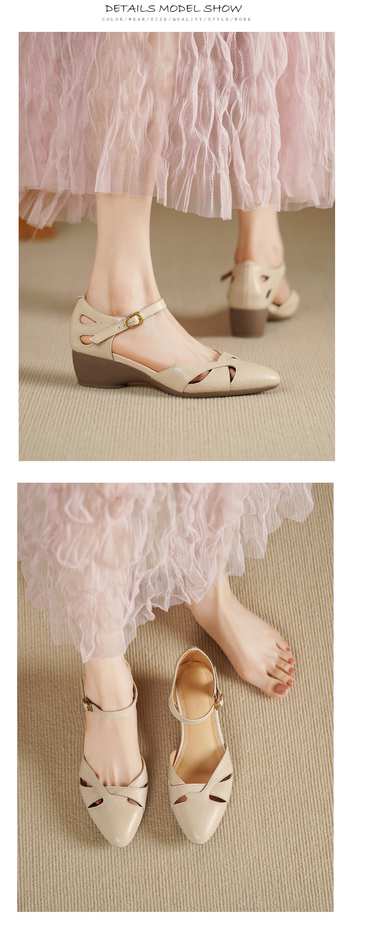Sandal nữ da dê nguyên tấm mũi khoét gót vuông đế xuồng — Màu trắng nhạt chi tiết 7