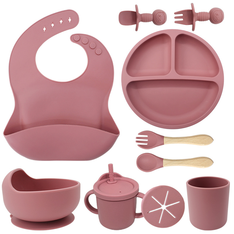 Juego de vajilla de silicona para niños Tazón de alimentación de grado alimenticio para bebés Taza de pajita molar para bebé