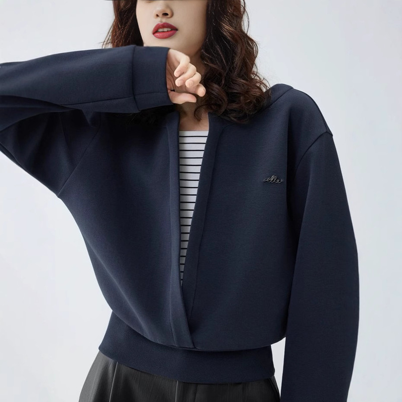 Elle Navy Blue Fake Two-Piece Sweatshirt for Women 2025 Autum New Style Loose Splicing Design Top Jacket