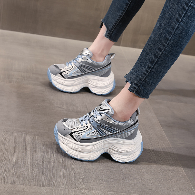 Giày sneaker nữ đế dày chunky lưới thoáng khí tăng chiều cao — màu xanh