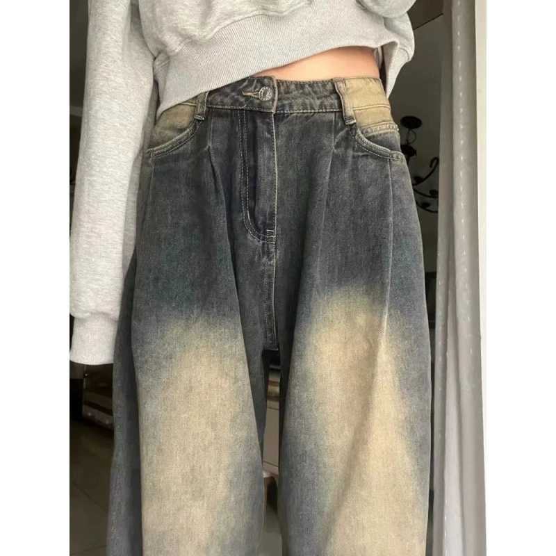Ретро с высокой талией широкие джинсы женские осенние складки