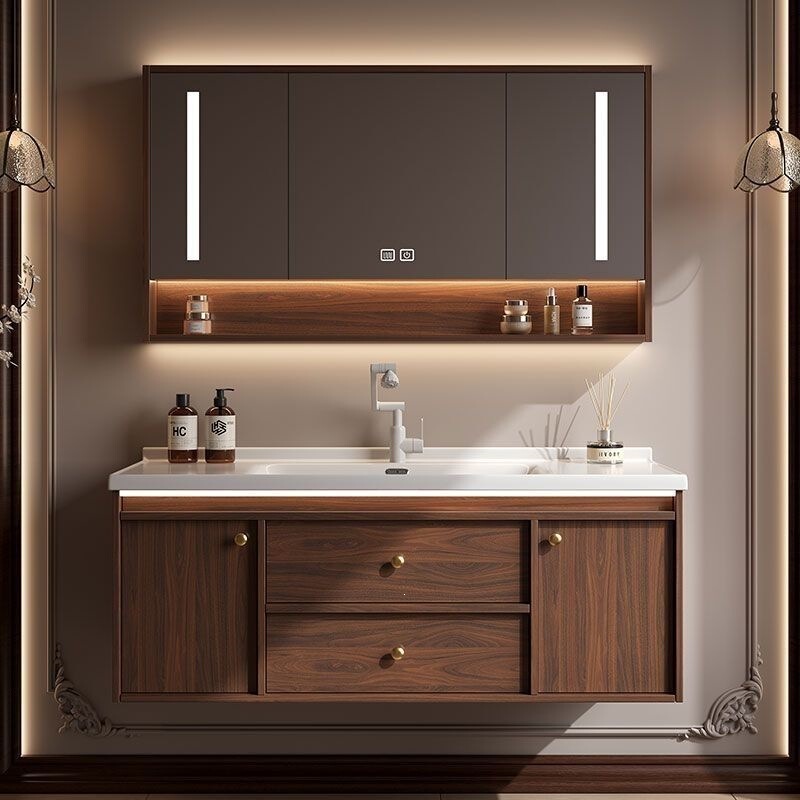 Walnut Bathroom Cabinet with Integrated Ceramic Basin, Bathroom Washbasin, Integrated Sink, Bathroom Cabinet, Washstand