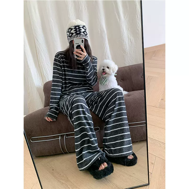 睡衣女2025新款春秋季高级感韩版休闲灰条小条纹长袖家居服套装