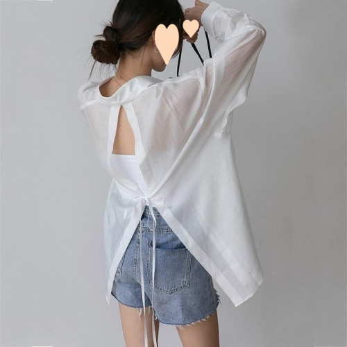Spaghetti Strap Top with Back Ties and Slits, Women's 2025 Summer Loose V-Neck Blouse with Back Exposure, Outerwear Shirt