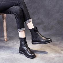 靴子女2025春秋马丁靴英伦风圆头平底粗跟中筒短靴薄款复古真皮鞋