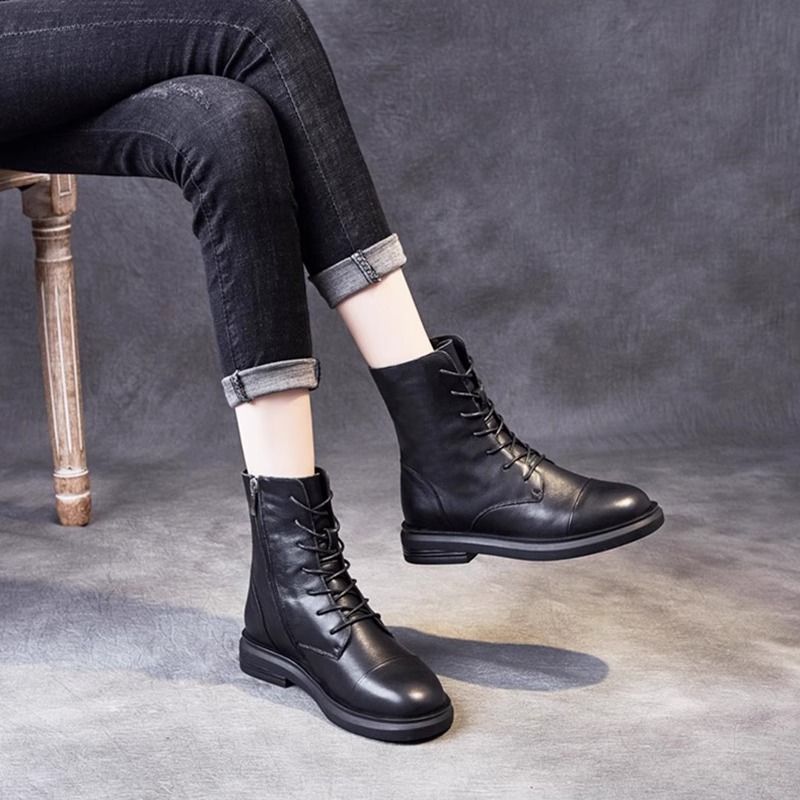 靴子女2025春秋马丁靴英伦风圆头平底粗跟中筒短靴薄款复古真皮鞋