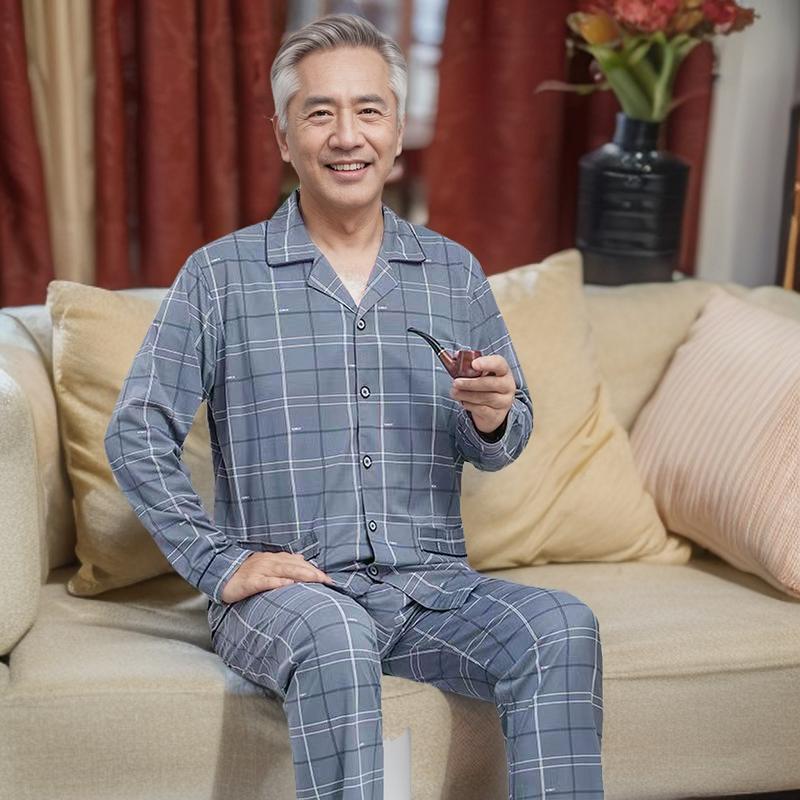 Pajamas Men's Long-sleeved Cotton Spring and Autumn Summer Men's Middle-aged Men's Thin Middle-aged Summer Home Clothes suit