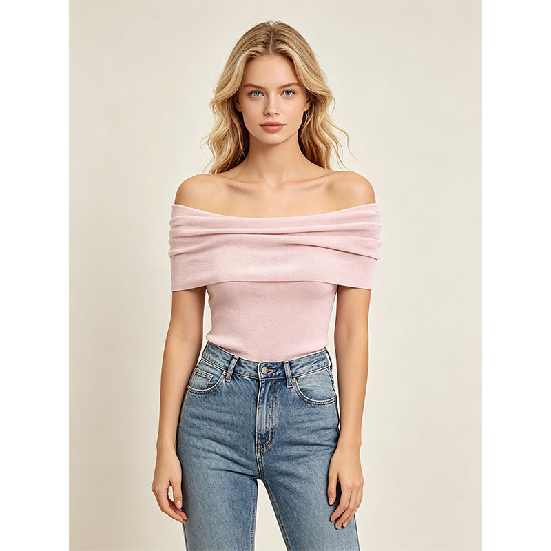 Cross-Border Source Factory Spring/Summer Off-Shoulder Knit Top for Women, Pure Desire Style, Ruched, Slim-Fit T-Shirt, Base Shirt