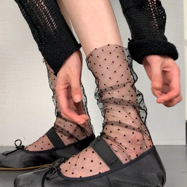 Slightly Sheer Tulle Mid-Calf Socks with Polka Dots, Ballet Style, Lightweight and Breathable Calf Socks, Mesh Women's Socks, Jk Lolita Socks