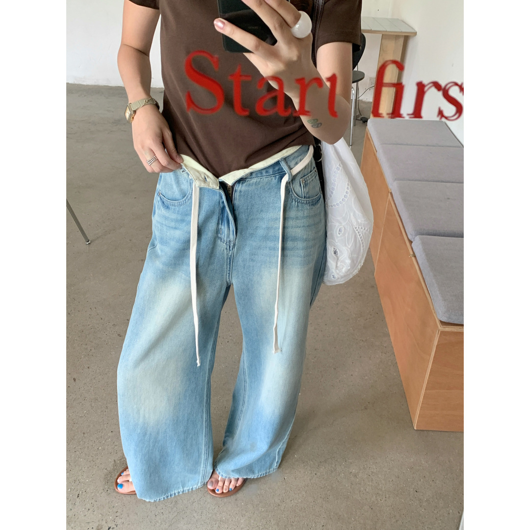 GAGD 여성용 레이스업 와이드 레그 텐셀 청바지, 스몰 블루 루즈 레이지 캐주얼 팬츠