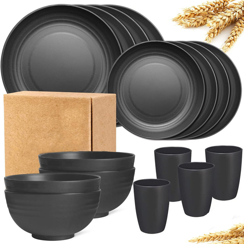 Cross-border hot sale 16-piece Bowl Cup plate pure black tableware suit plastic PP plate water Cup suit gift wholesale