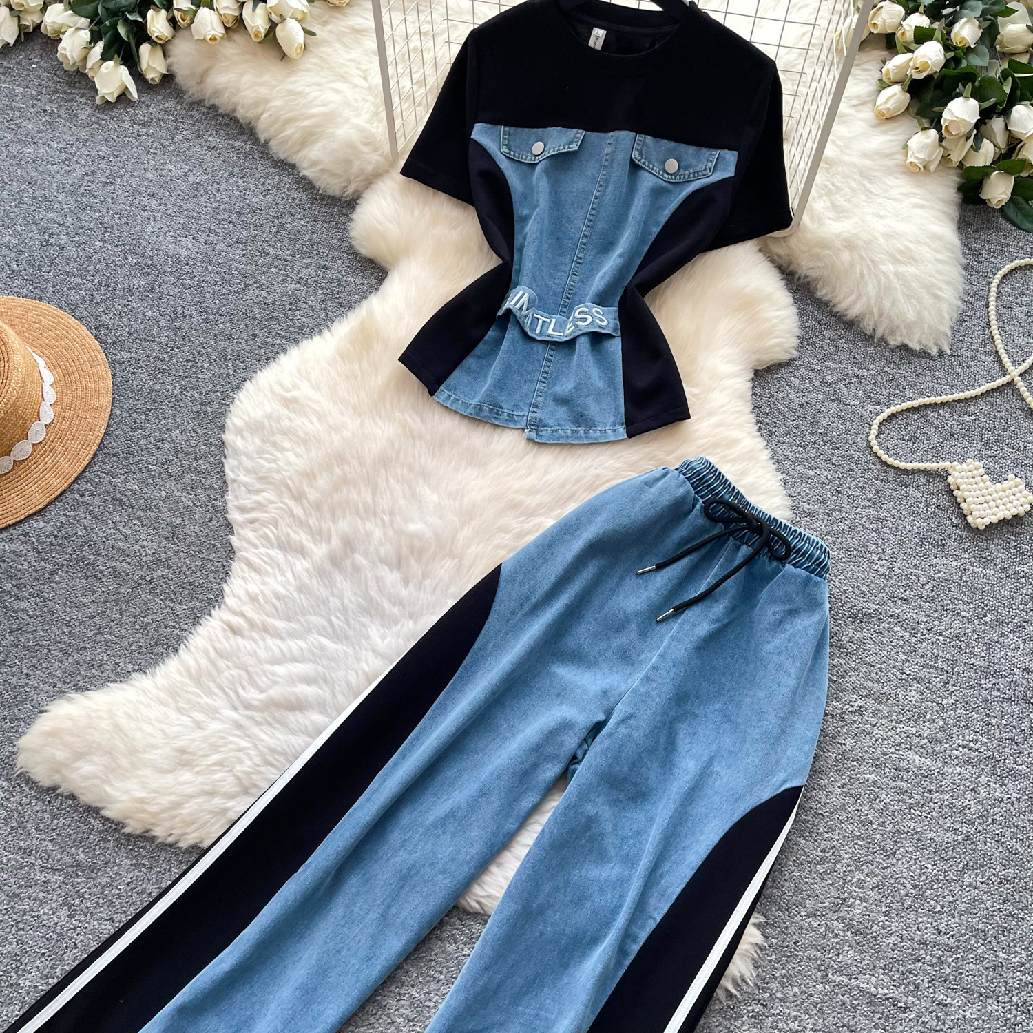 Retro Patchwork Denim Set for Women Short Sleeved Hong Kong Style Summer Casual Straight Leg Pants Two Piece Slimming Outfit_ecoleips.com