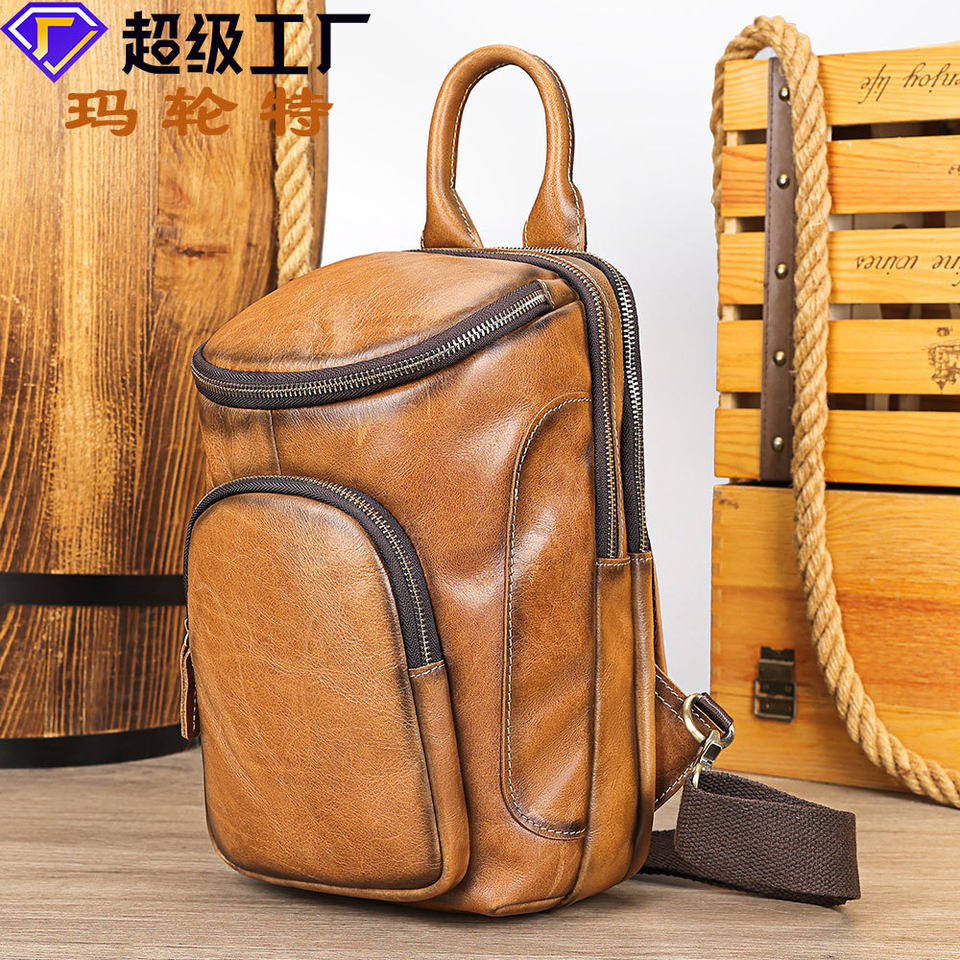 Túi đeo ngực nam da bò thật cao cấp kiểu retro dung tích lớn, túi đeo chéo một vai — Nâu dầu, Nâu cà phê, Màu nâu da ngựa điên, Màu đen