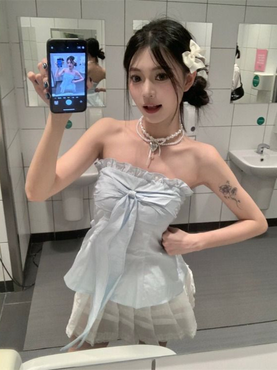设计感木耳边系带抹胸背心女装夏季小众减龄收腰显瘦无袖纯欲上衣|undefined