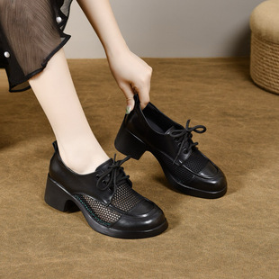 Mesh Small Leather Shoes for Women 2025 Summer British Style Lace-Up Thick Heel Flats Cut Out Black Women's Shoes Preppy Style Loafers
