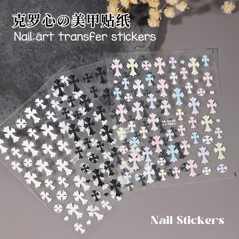 Cross-border best-selling Chrome Hearts nail art stickers, black and white, colorful, cross-shaped, 3D embossed, wearable nail stickers, wholesale