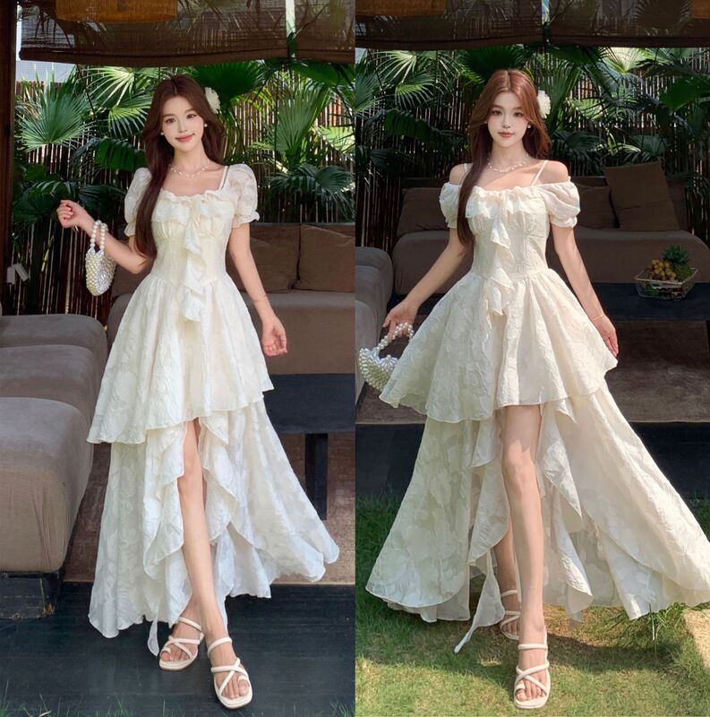 2026 Cold Brew Jasmine French Resort Style Lace Dress with Off-Shoulder Design, Waist-Cinching, Asymmetrical Fairy-Like Skirt