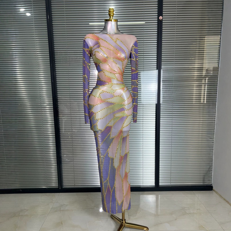 Amazon Cross-Border Long-Sleeved Ink Painting See-Through Mesh Stage Performance Costume Sexy High-Elastic Birthday Party Dress