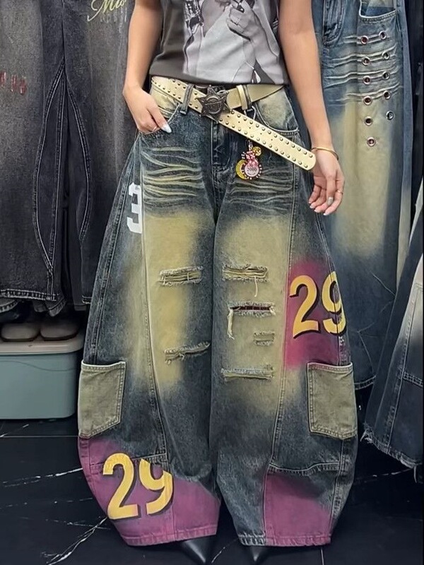 American retro style plus-size washed digital print ripped curved hem jeans for women, street style loose slimming wide-leg pants American retro style plus-size washed digital print ripped curved hem jeans for women, street style loose slimming wide-leg pants