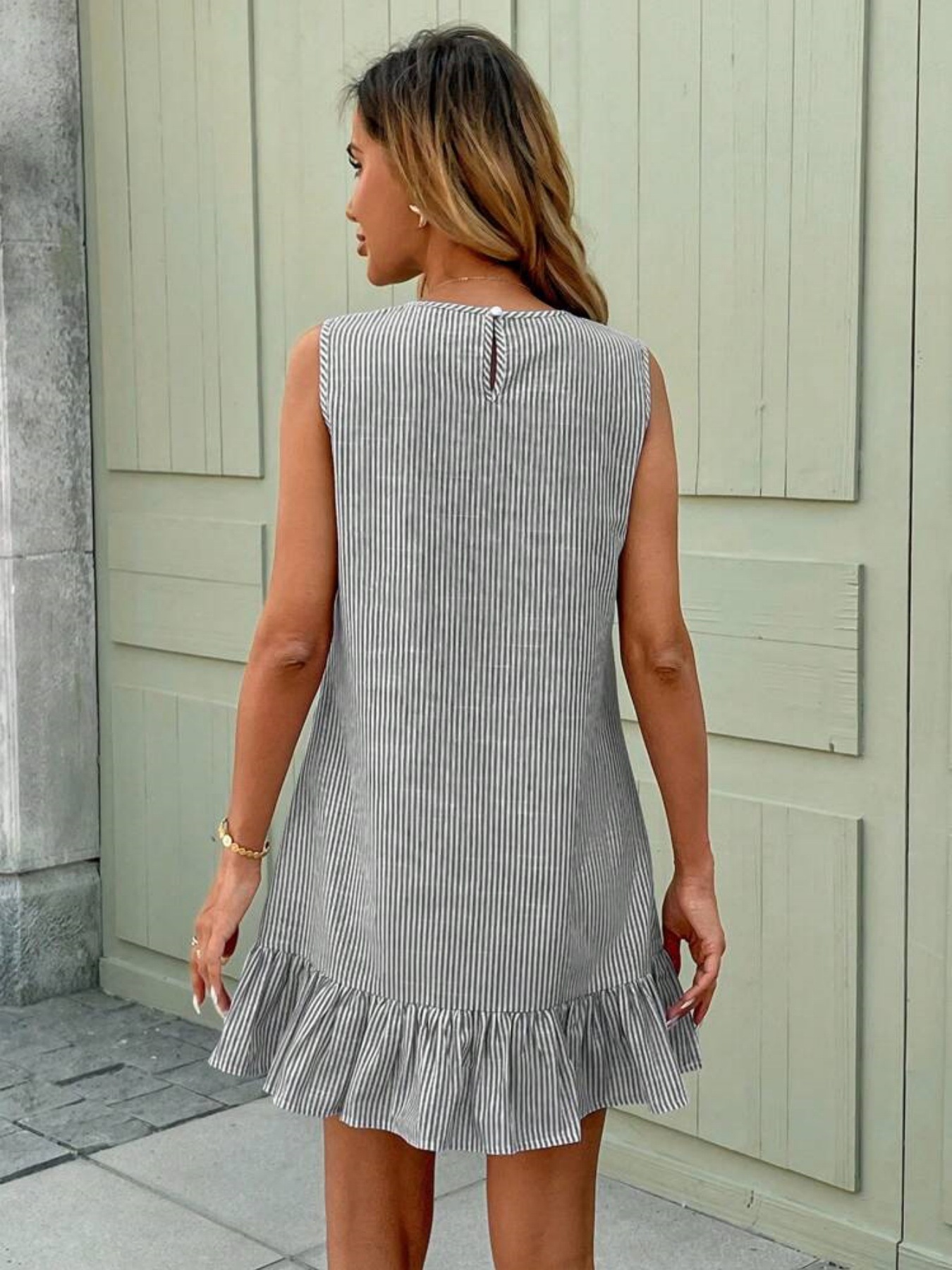 Women's Breathable Linen Blend Sleeveless Dress Ruffled Hem Autumn Stripes Flowy A-Line Midi Dress for Autumn_ecoleips.com