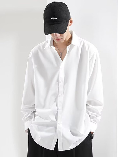 Men's Long-Sleeve Summer Ice Silk Shirt, White Casual Collared Shirt, Loose Plus Size, Flowy, 2024 High-End Thin Shirt