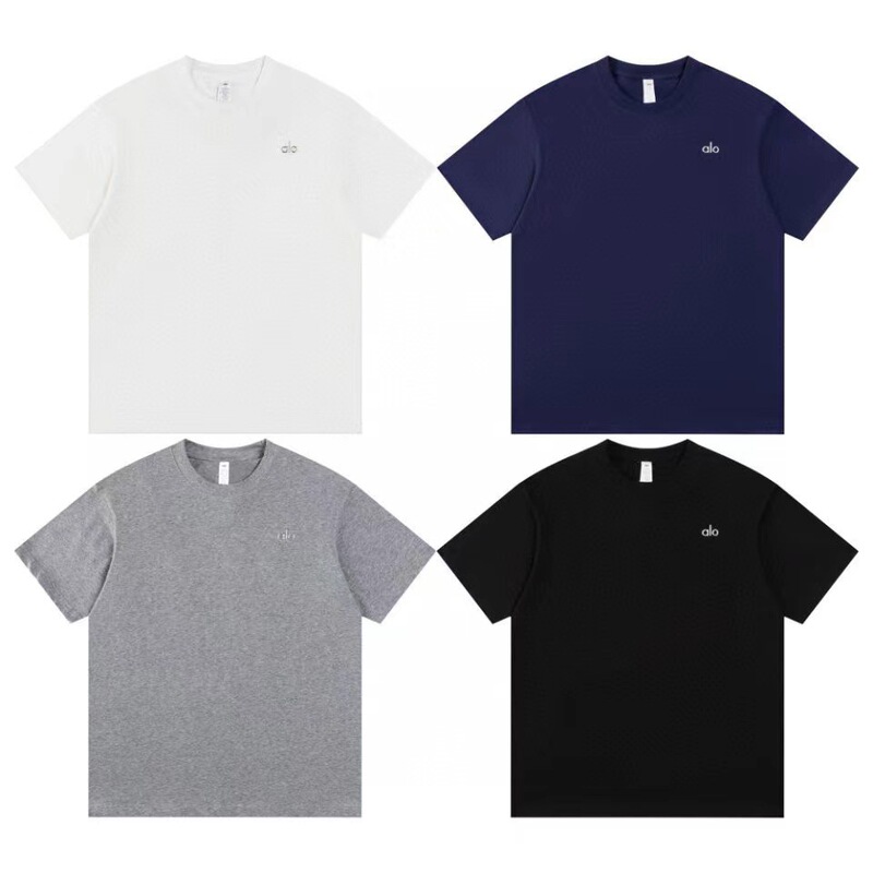 Cross-Border Alo New Summer Loose-Fitting Versatile Round-Neck T-Shirt with Silver Logo for Men and Women, Unisex Short-Sleeve Men's Clothing