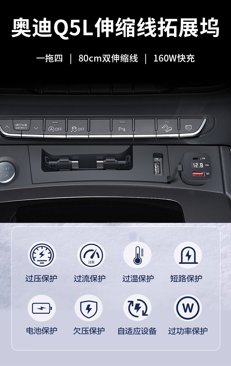 Suitable for 18-25 Audi Q5L car charger telescopic cable expansion dock original modified cigarette lighter USB