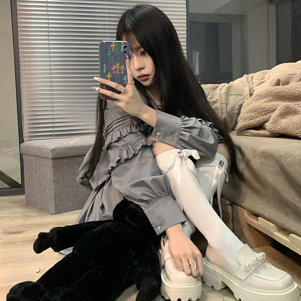 EOS SALT SWEET 2 피스 네이비 칼라 그레이 웨이스트 레이스 셔츠 A-라인 스커트 젠틀 세트