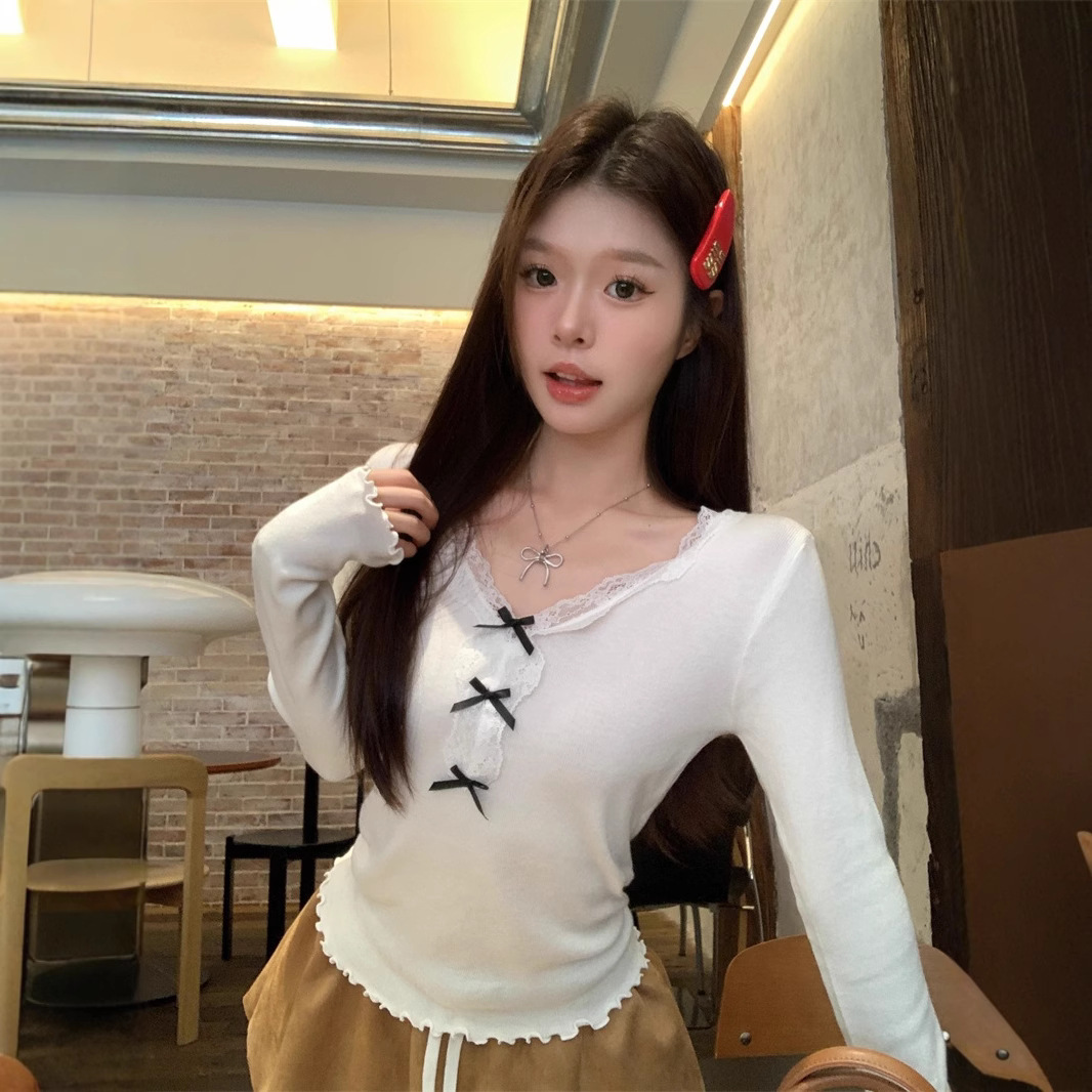 (2개) 활 레이스 V 넥 긴팔 스웨터 여성의 가을 2024 슬림 핏 짧은 내베이스 셔츠 탑
