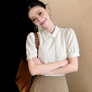 实拍 新中式盘扣改良旗袍提花衬衫短袖小衫夏季新款别致国风上衣