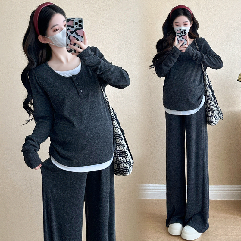 임산부 정장 2024 가을 신상품 레이지 스타일 가짜 투피스 상의 와이드 레그 팬츠 아우터웨어 패셔너블 임산부 정장 여성용