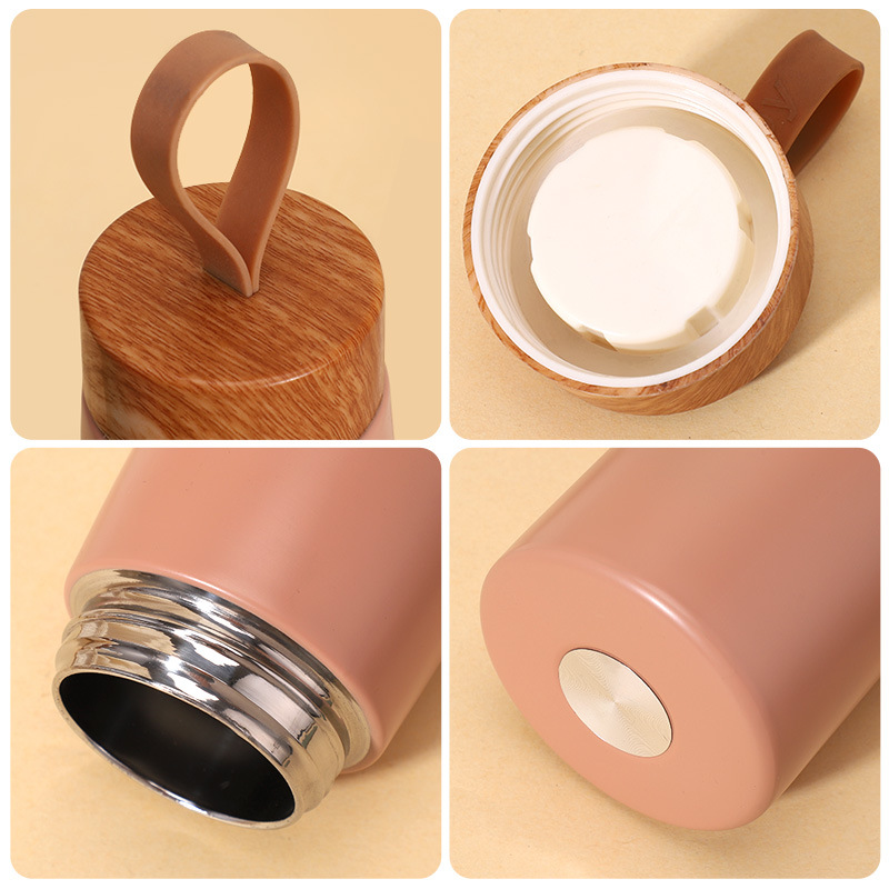 Portable Wood-Grain Pattern Insulated Cup, 304 Stainless Steel, Compact Mini Pocket-Sized, Simple Design with Carrying Strap, Gift Coffee Cup
