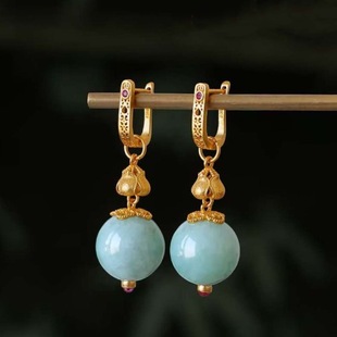 Natural Jade Earrings Women's Ancient-style Gold Earrings New Chinese-style High-end Flower Burmese Material Jade Earrings