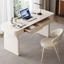 法式奶油风书桌轻奢现代客厅岩板实木大书法桌家用书房办公电脑桌