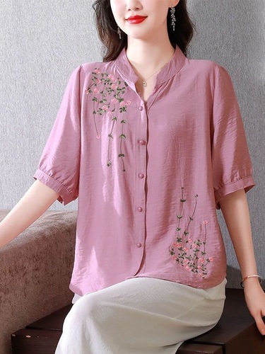Mom Embroidered Short Sleeve Cotton Linen Women's 2025 Summer Loose Cover Belly Fashionable Plus Size Shirt