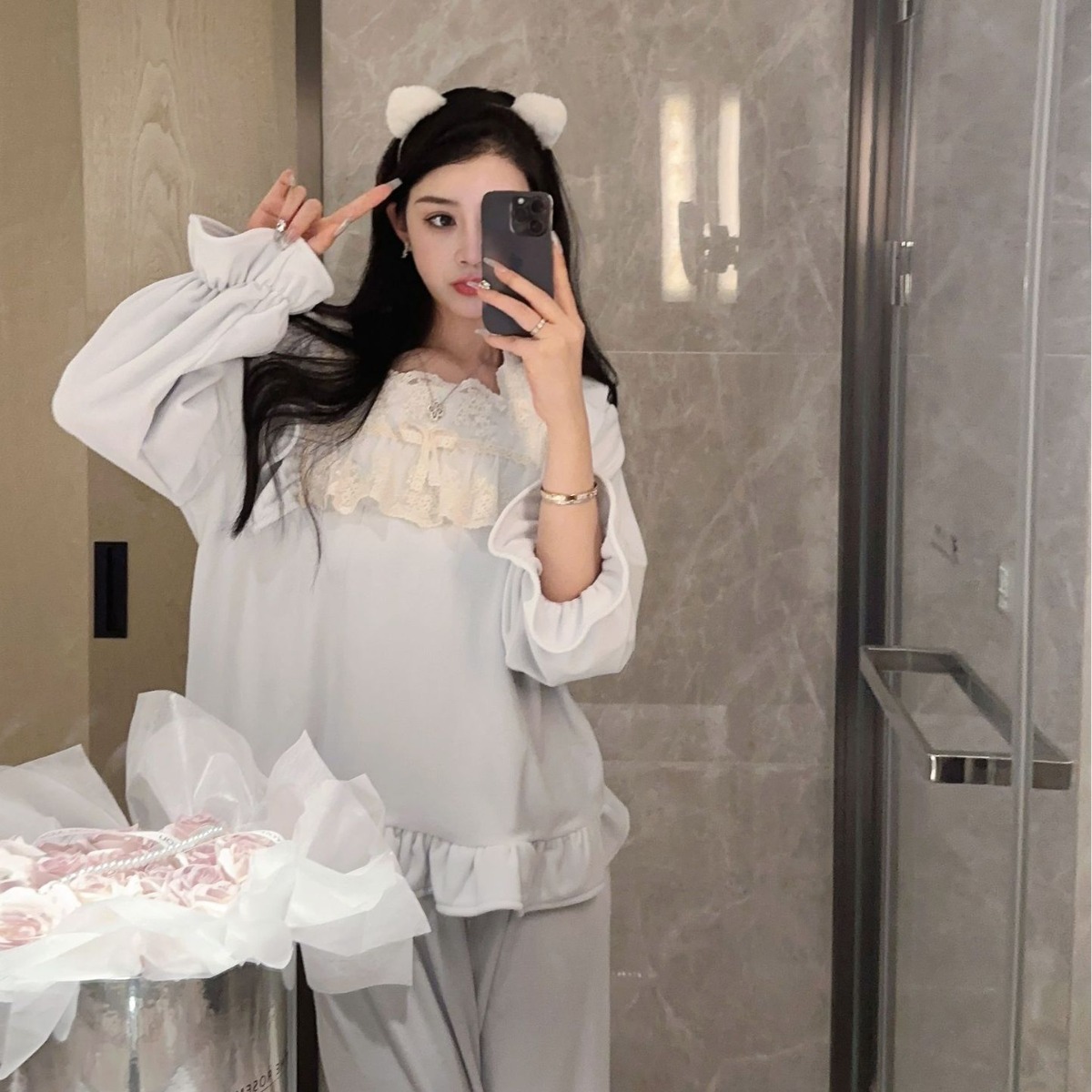 YASE [la mente de la niña] estilo princesa coreana forrado de lana gruesa pijamas de franela de invierno de las mujeres de manga larga homewear