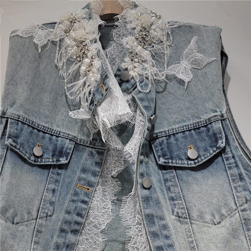 Coreano retro cuello redondo mano clavado plumas encaje empalme chaleco de vaquín mujeres 2026 primavera y verano nuevo image 3