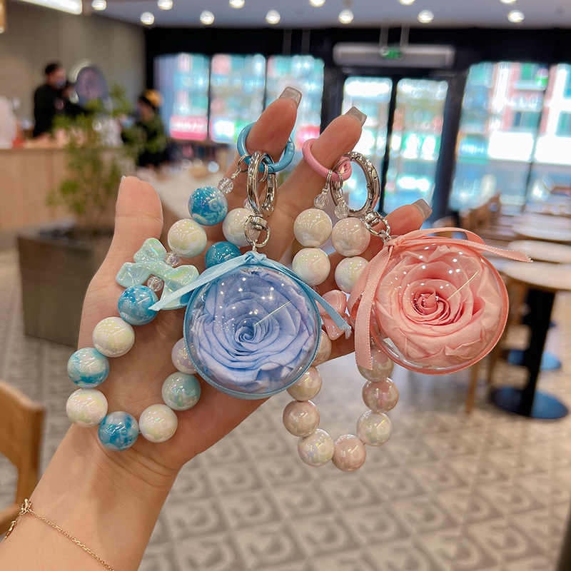 Korean Style Bow Eternal Flower Bead Chain Car Keychain Finished Bag Hanging Pendant Rose Flower Pendant Hand Gift