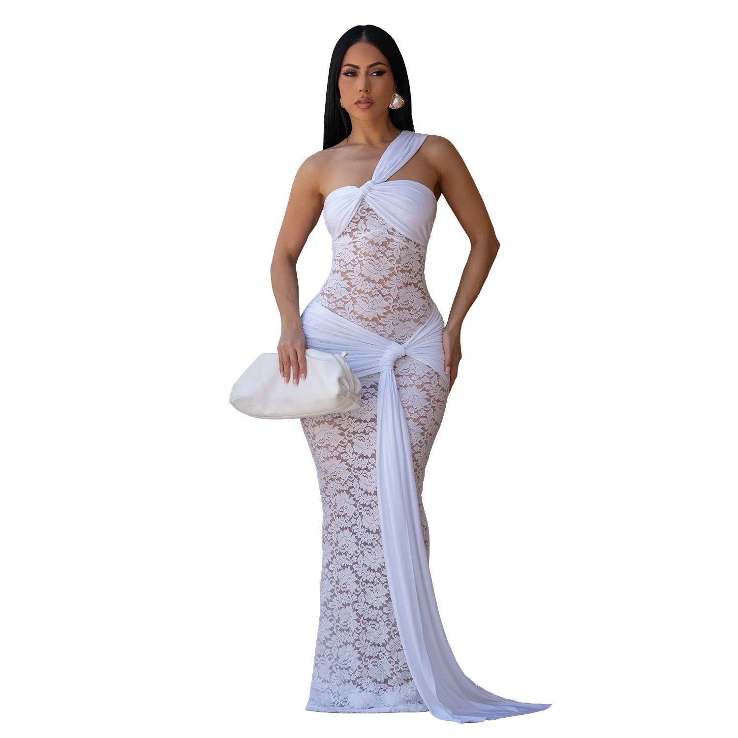 C7692 Aliexpress transfronterizo Amazon Europa y América ropa de moda femenina de encaje sexy vestido de hombro inclinado image 8